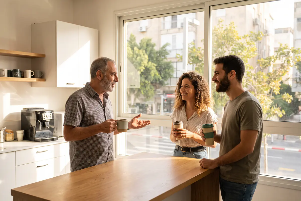 עובדים במטבחון משרד בבוקר מחליפים שאלות להיכרות סביב כוסות קפה