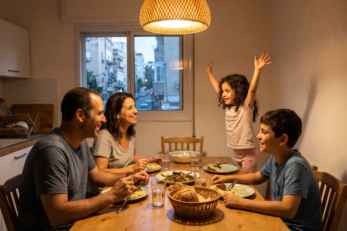 ילדה מספרת בהתלהבות ליד שולחן ארוחת ערב, והוריה ואחיה מקשיבים ומחייכים