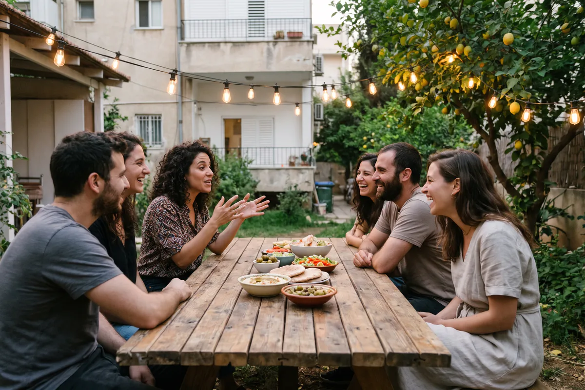 חברים צוחקים סביב שולחן עץ בחצר בשעת שקיעה, באמצע סבב שאלות היכרות